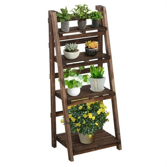 Topeakmart 4 Tier Foldable Wooden Flower Stand Ladder Shelves for Indoor Outdoor, Wood