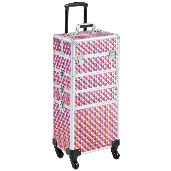Topeakmart 4 in 1 Aluminum Rolling Cosmetic Makeup Train Cases Trolley, Glitter Pink
