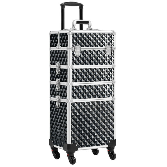 Topeakmart 4 in 1 Aluminum Rolling Cosmetic Makeup Train Cases Trolley, Glitter Pink