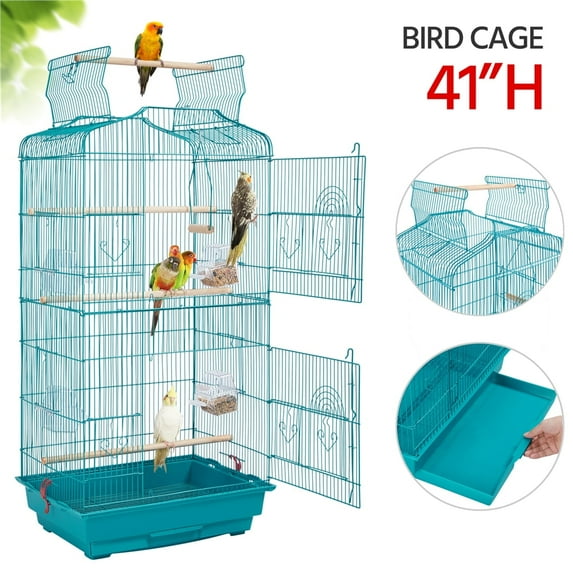 Yaheetech 41'' H Open Top Metal Bird Cage Large Parrot Cage with Four Feeders, Teal Blue
