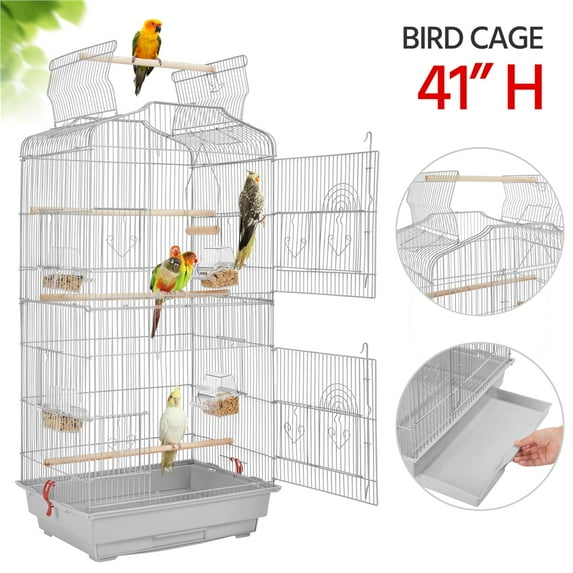 Topeakmart 41'' H Open Top Metal Birdcage Parrot Cage with Feeders, Light Gray
