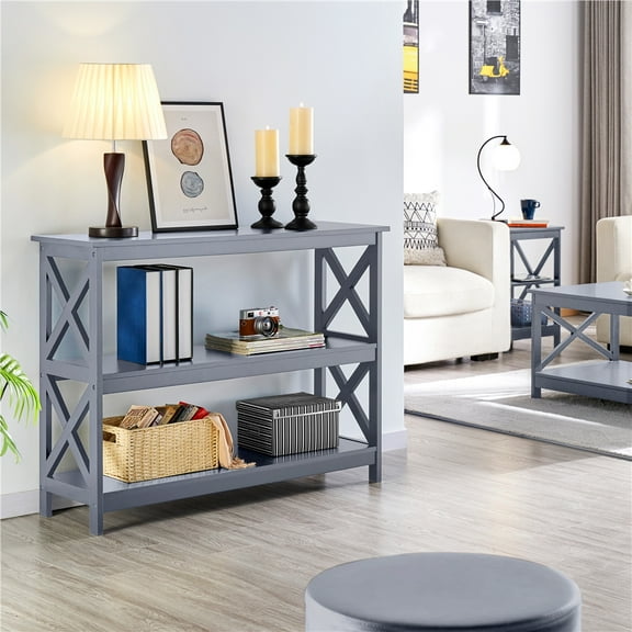 Topeakmart 42″W X Design Console Table w/ 2 Open Shelves, Gray