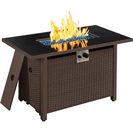 Topeakmart 43? Rattan Fire Table w/ Tempered Glass Top & Cover, Brown