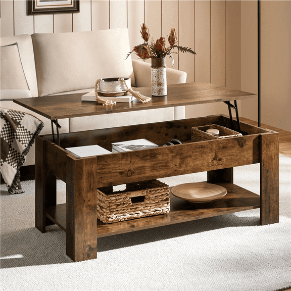 Topeakmart 47.5in Wooden Lift Top Coffee Table with Hidden Compartment for Living Room, Rustic Brown