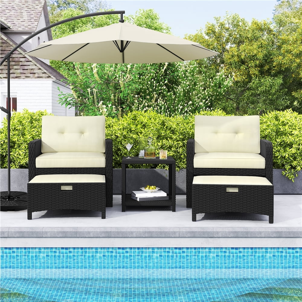Yaheetech 5-Piece Patio Furniture Set with Rattan Side Table & 2 Chairs & 2 Ottomans, Black/Beige