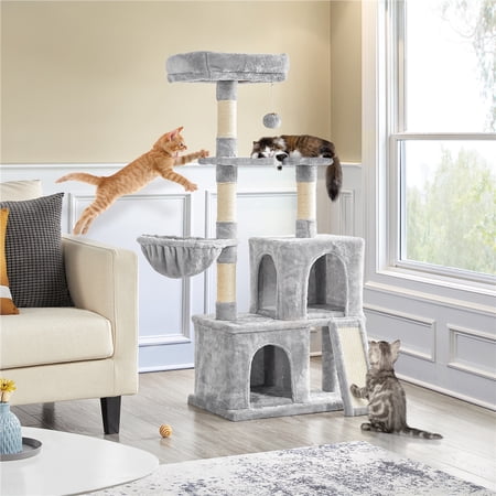 Topeakmart 53.5-in Cat Tree & Condo Scratching Post Tower with Dangling Ball and Ramp, Light Gray