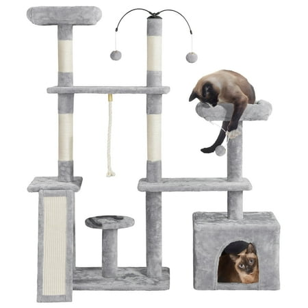 Yaheetech 53.5inch Multilevel Cat Tree Condo Scratching Posts with Dangling Balls Ramp, Light Gray