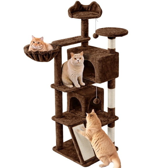 Yaheetech 57.5''H Cat Tree Tower Cat Tree with 2 Condos, Scratching Posts, Ramp, Brown