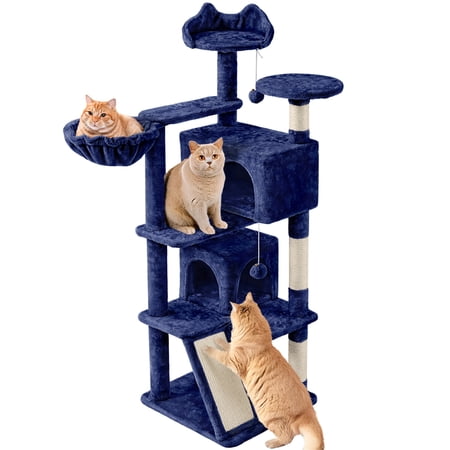 Yaheetech 57.5''H Cat Tree Tower Cat Tree with 2 Condos, Scratching Posts, Ramp, Navy Blue