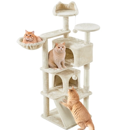 Yaheetech 57.5''H Cat Tree Tower Cat Tree with 2 Condos, Scratching Posts, Ramp,Beige