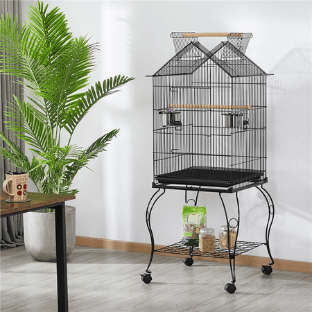Yaheetech 57''H Open Top Metal Parrot Cage Rolling Birdcage with Perches, Black