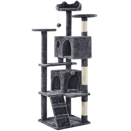 Topeakmart 62.2? H Multilevel Cat Tree with 2 Condos, 3 Scratching Posts, 3 Platforms for Small Cats, Dark Gray