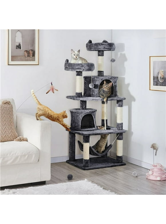 Topeakmart 62.2'' H Multi Level Cat Tree Tower with Condos Foam-Padded Perches, Dark Gray