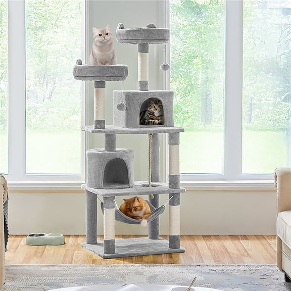 Yaheetech 62"H Multi Level Cat Tree Tower with 2 Condos & Scratching Posts, Light Gray