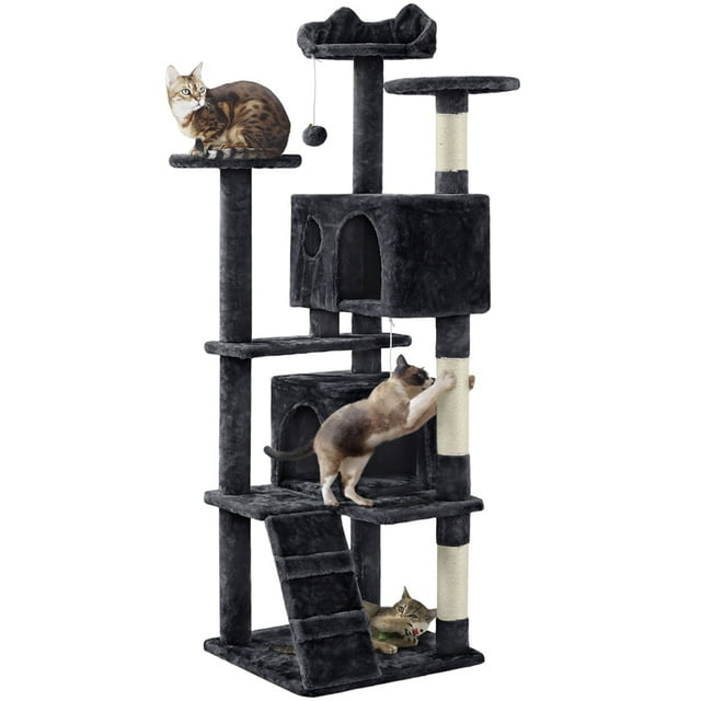 Topeakmart 62.5″ H Multilevel Cat Tree Tower w/ 2 Condos & 2 Fur Balls & 3 Scratching Posts & 3 Platforms for Kittens & Small/Medium Cats, Black