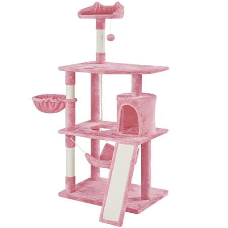 Topeakmart 63'' Cat Tree Condo Scratching Post Tower with Basket & Hammock, Pink