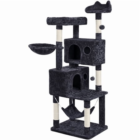 Yaheetech 64.5in Multi-level Large Cat Tree Condo Tower with Hammock Scratching Posts & Hammock, Black