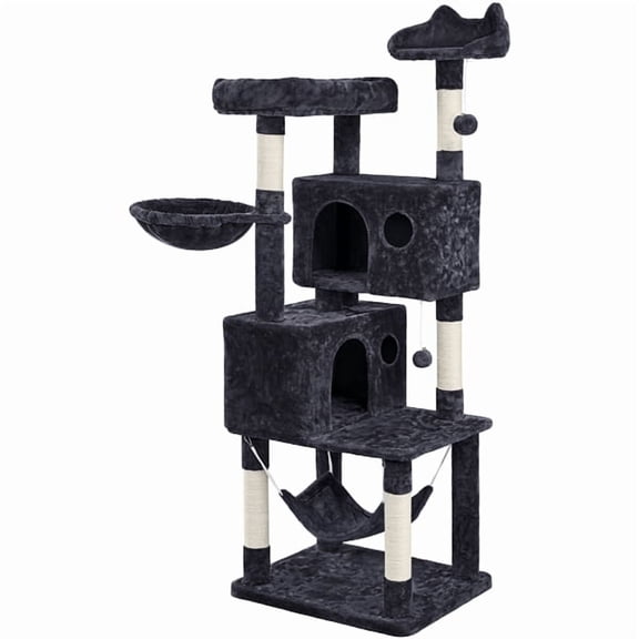 Yaheetech 64.5in Multi-level Large Cat Tree Condo Tower with Hammock Scratching Posts & Hammock, Black