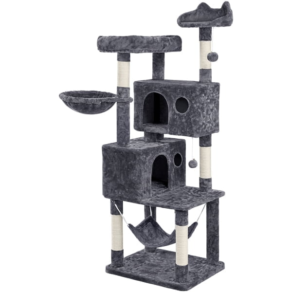 Topeakmart 64.5in Cat Tree Tower with Hammock, Pet Basket, Perch & Climbing Scratching Posts, Dark Gray
