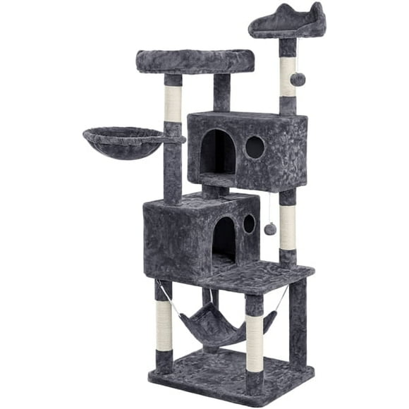 Yaheetech 64.5in Multi-level Large Cat Tree Condo Tower with Hammock Scratching Posts & Hammock, Dark Gray