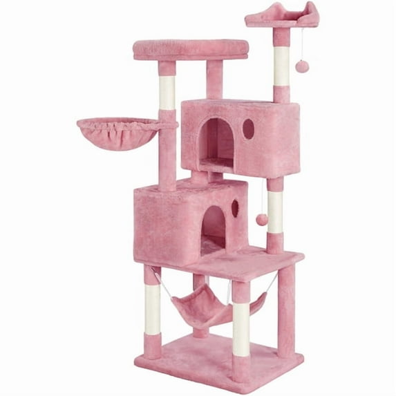 Yaheetech 64.5in Multi-level Large Cat Tree Condo Tower with Hammock Scratching Posts & Hammock, Pink