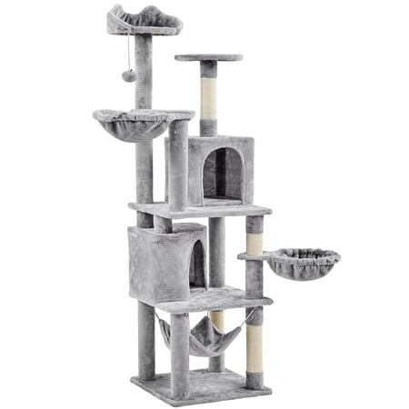Topeakmart 69" H Cat Tree Tower with Double Cat Condo & Basket, Light Gray