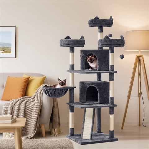 Yaheetech 68.9'' Large Cat Tree Tower Cat House with 2 Condos and Scratching Post, Dark Gray