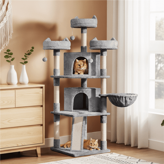 Yaheetech 69'' Large Cat Tree Tower with 2 Condos and Scratching Post, Light Gray