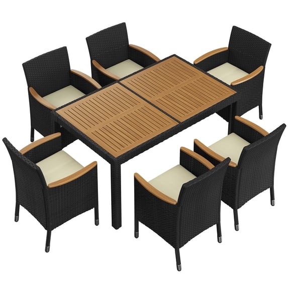 Yaheetech 7-Piece Outdoor Rattan Dining Set with Wood Top Table & 6 Armchairs, Black/Beige