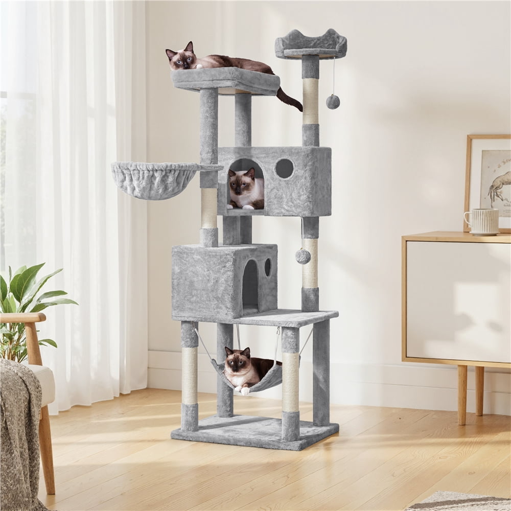 Yaheetech 73in Multilevel Large Cat Tree with Condos & Basket & Hammock, Light Gray