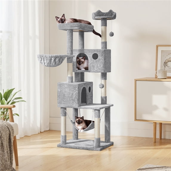 Yaheetech 73in Multilevel Large Cat Tree with Condos & Basket & Hammock, Light Gray