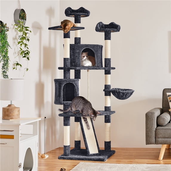 Yaheetech 79'' Multilevel Cat Tree Condo with Basket & Scratching Posts & Ramp, Dark Gray