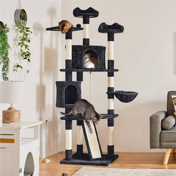 Yaheetech 79'' Multilevel Cat Tree Tower with 2 Condos & Basket & Scratching Posts & Ramp, Black