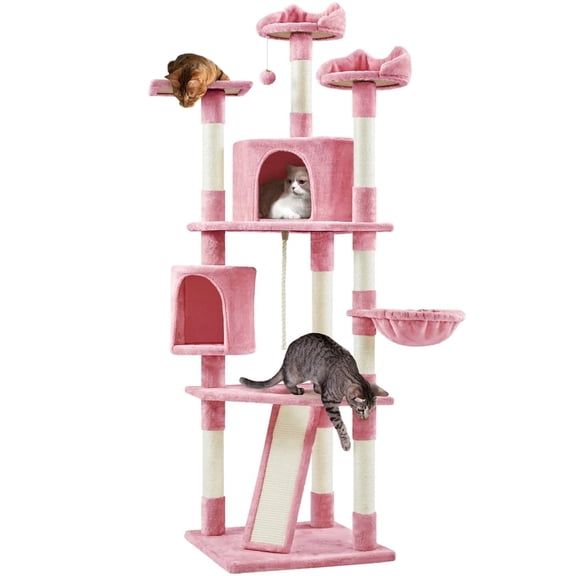 Yaheetech 79'' Multilevel Cat Tree Tower with 2 Condos & Basket & Scratching Posts & Ramp, Pink