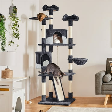 Topeakmart 79'' Multilevel Cat Tree with Basket Scratching Posts Ramp, Dark Gray & White