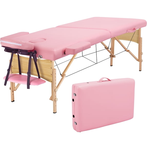 Topeakmart 84'' Portable Height Adjustable Massage Table 2 Sectional Folding Massage Bed with Carry Case Bag, Pink
