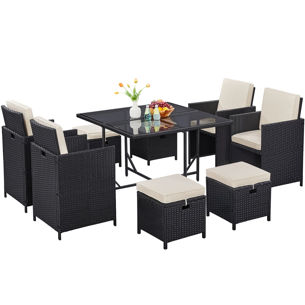 Topeakmart 9Piece Wicker Patio Dining Sets with Glass Table for
