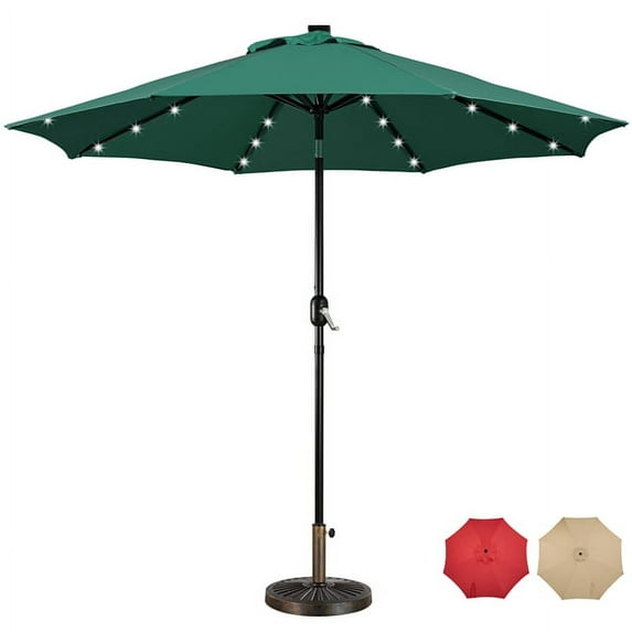 Topeakmart 9ft LED Patio Market Umbrella with 32 LED Solar Lights + 30lb 18'' Patio Umbrella Base, Dark Green