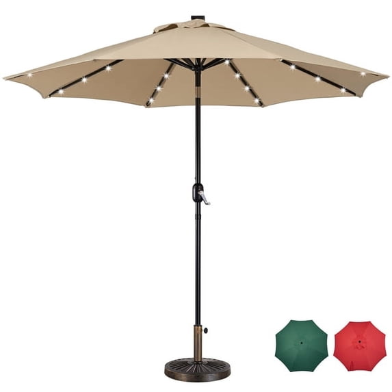 Yaheetech 9ft LED Patio Market Umbrella with 32 LED Solar Lights + 30lb 18'' Patio Umbrella Base, Tan