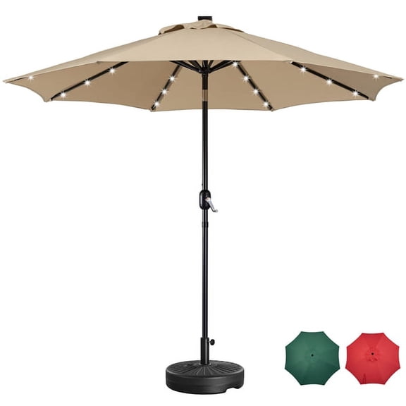 Topeakmart 9ft Patio Umbrella with 32 LED Solar Lights + 20'' Fillable Patio Umbrella Base Stand, Tan