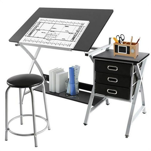 Topeakmart Adjustable Drafting Table Drawing Station Desk Art Design Architect w/Stool Grey