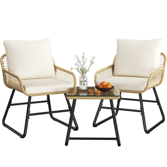 Topeakmart Boho Style Outdoor Wicker Bistro Set with Cushions and Pillows, Set of 3, Tan/Cream