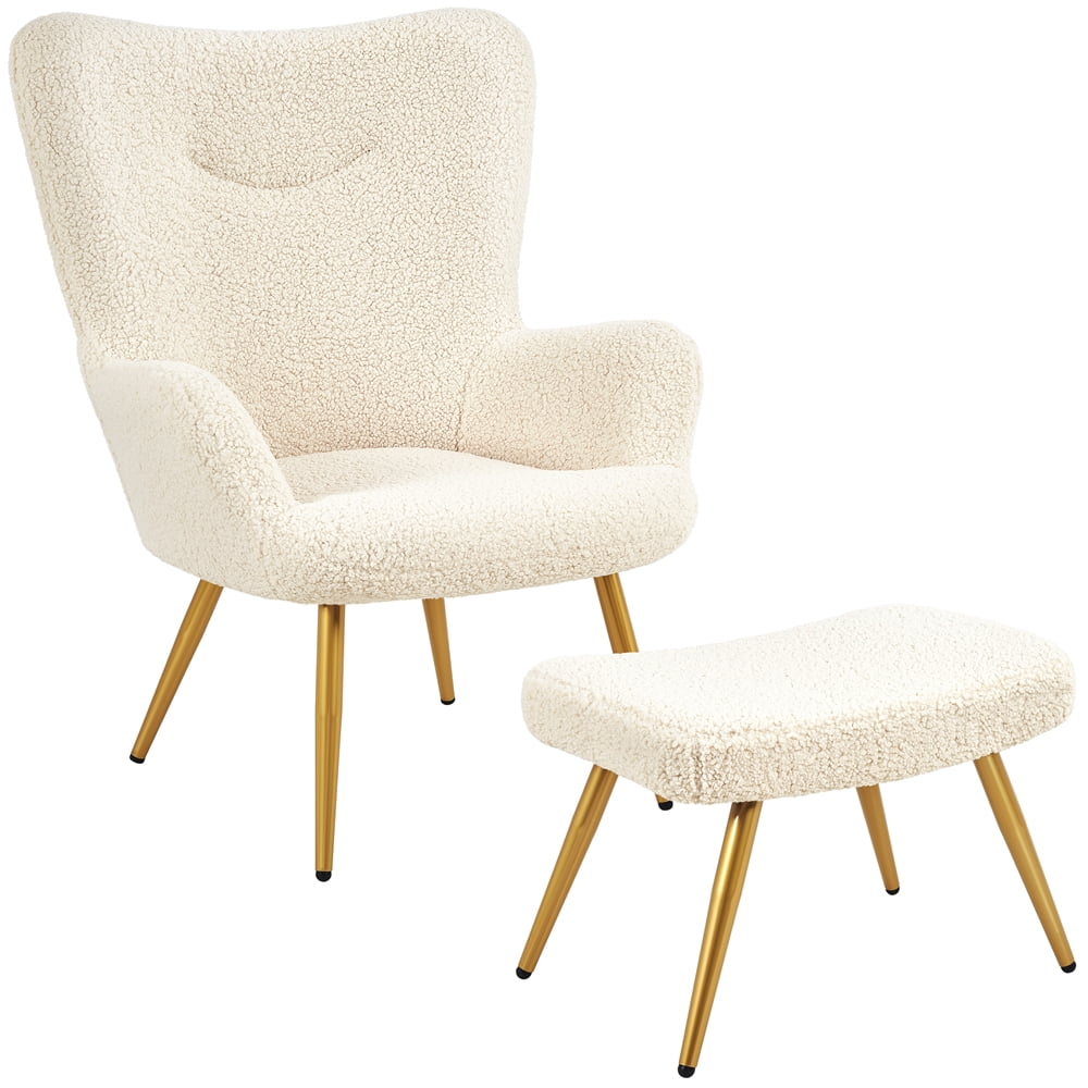 Topeakmart Boucle Accent Chair and Ottoman Set with Golden Metal Legs