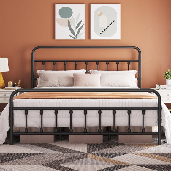 Yaheetech Classic Iron Platform Bed with High Headboard and Footboard, California king, Black