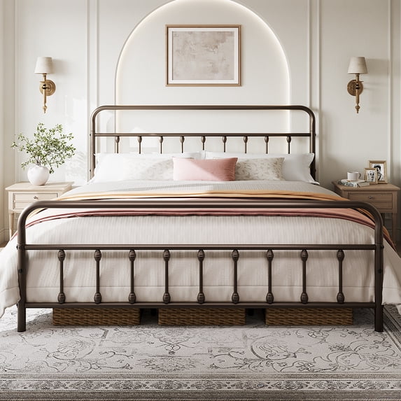 Yaheetech Metal Bed Frame with High Headboard and Footboard, King, Bronze