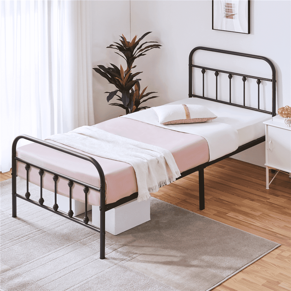 Twin XL Black Metal Platform Bed with High Headboard