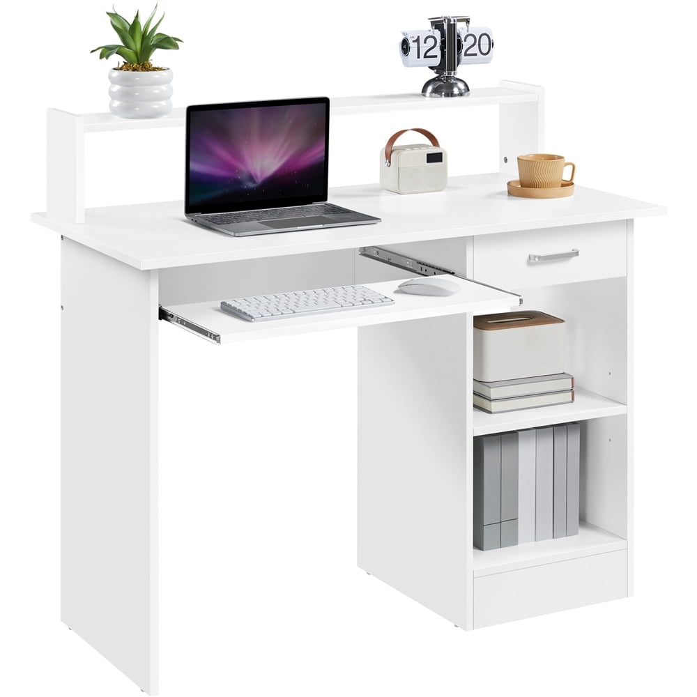 Yaheetech Computer Desk Home Office Laptop Desktop Table with Drawers Storage Shelf Keyboard Tray, White