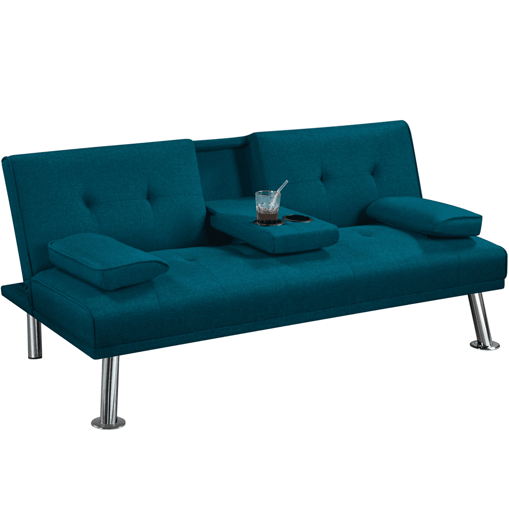 Topeakmart Convertible Tufted Fabric Futon Sofa Bed with 2 Cup Holders, Aqua Blue