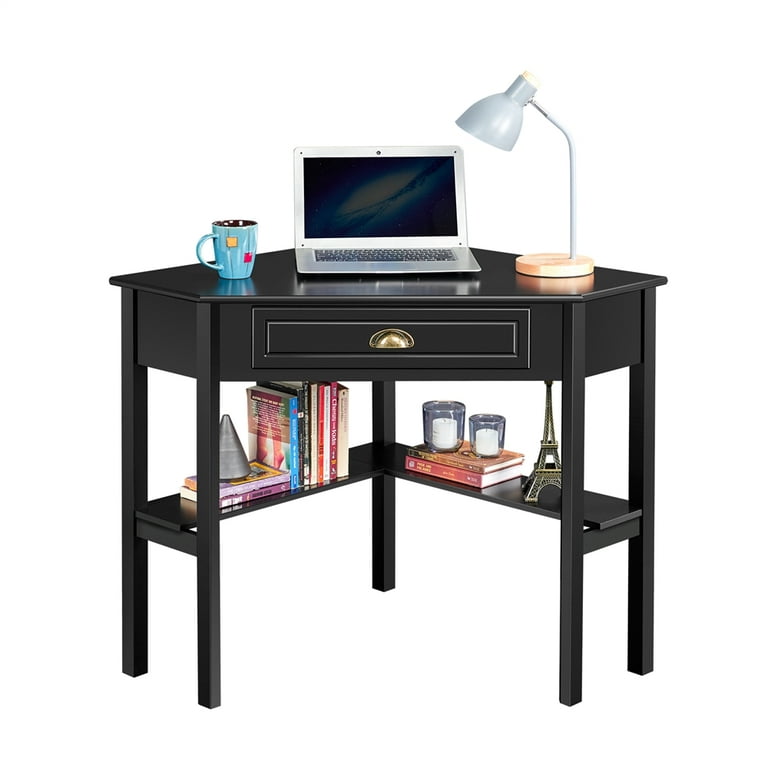 Topeakmart Corner Computer Desk Workstation Home Office Writing Study Desk Computer Table with Storage Drawer Shelves Black