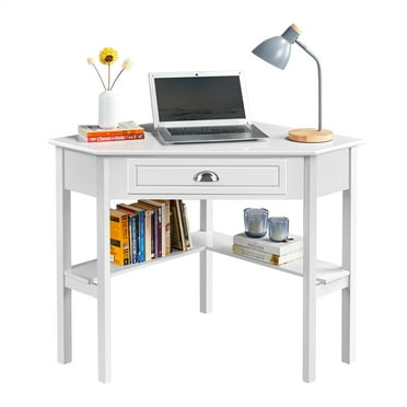 Topeakmart Corner Computer Desk Workstation Home Office Writing Study Desk Computer Table with Storage Drawer & Shelves White